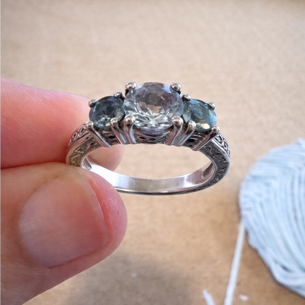 Art Deco Style Blue Topaz 3 Stone Sterling Silver Ring Size 5